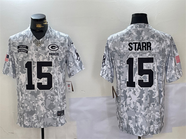 Men's Green Bay Packers #15 Bart Starr 2024 F.U.S.E Arctic Camo Salute To Service Limited Stitched Football Jersey Men's Green Bay Packers #15 Bart Starr 2024 F.U.S.E Arctic Camo Salute To Service Limited Stitched Football Jersey