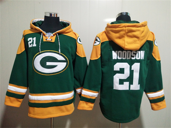 Men's Green Bay Packers #21 Charles Woodson Green Lace-Up Pullover Hoodie Men's Green Bay Packers #21 Charles Woodson Green Lace-Up Pullover Hoodie