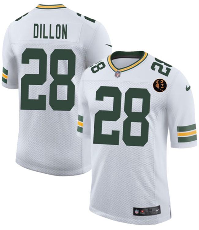 Men's Green Bay Packers #28 A. J. Dillon White 2025 New With John Madden Patch Vapor Untouchable Limited Stitched Football Jersey Men's Green Bay Packers #28 A. J. Dillon White 2025 New With John Madden Patch Vapor Untouchable Limited Stitched Football Jersey