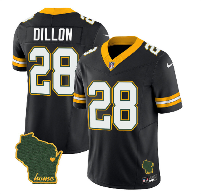 Men's Green Bay Packers #28 A.J. Dillon Black 2023 F.U.S.E. Home Patch Vapor Untouchable Limited Stitched Jersey Men's Green Bay Packers #28 A.J. Dillon Black 2023 F.U.S.E. Home Patch Vapor Untouchable Limited Stitched Jersey
