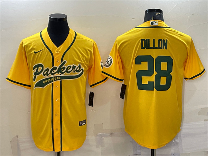 Men's Green Bay Packers #28 A.J. Dillon Gold With Patch Cool Base Stitched Baseball Jersey Men's Green Bay Packers #28 A.J. Dillon Gold With Patch Cool Base Stitched Baseball Jersey