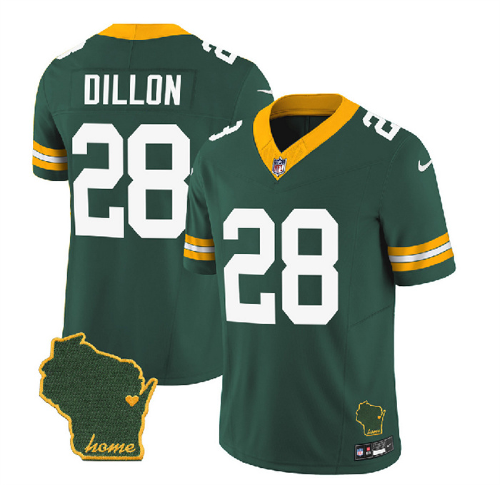 Men's Green Bay Packers #28 A.J. Dillon Green 2023 F.U.S.E. Home Patch Vapor Untouchable Limited Stitched Jersey Men's Green Bay Packers #28 A.J. Dillon Green 2023 F.U.S.E. Home Patch Vapor Untouchable Limited Stitched Jersey