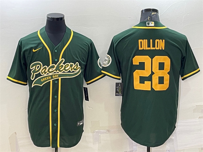 Men's Green Bay Packers #28 A.J. Dillon Green Gold With Patch Cool Base Stitched Baseball Jersey Men's Green Bay Packers #28 A.J. Dillon Green Gold With Patch Cool Base Stitched Baseball Jersey