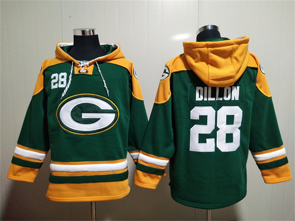 Men's Green Bay Packers #28 A.J. Dillon Green Lace-Up Pullover Hoodie Men's Green Bay Packers #28 A.J. Dillon Green Lace-Up Pullover Hoodie