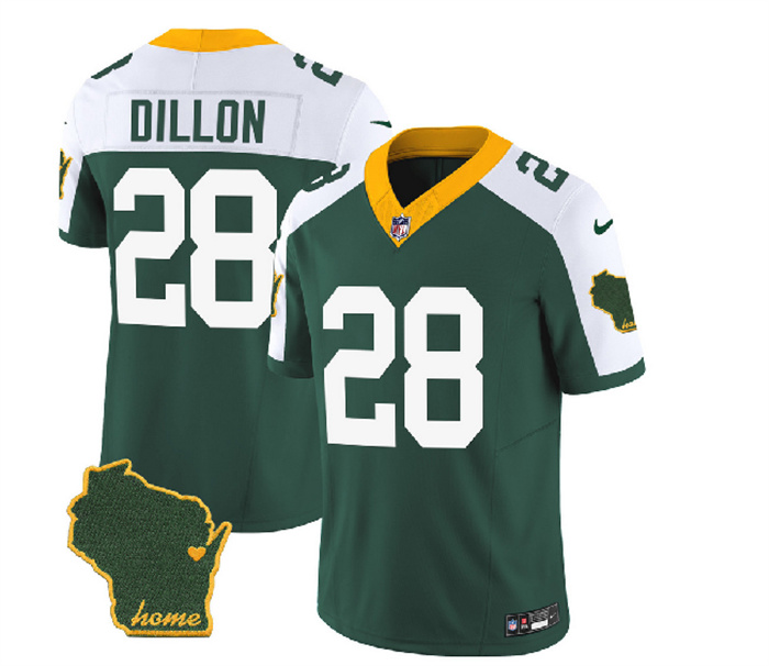 Men's Green Bay Packers #28 A.J. Dillon Green White 2023 F.U.S.E. Home Patch Vapor Untouchable Limited Stitched Jersey Men's Green Bay Packers #28 A.J. Dillon Green White 2023 F.U.S.E. Home Patch Vapor Untouchable Limited Stitched Jersey