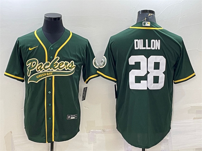 Men's Green Bay Packers #28 A.J. Dillon Green With Patch Cool Base Stitched Baseball Jersey Men's Green Bay Packers #28 A.J. Dillon Green With Patch Cool Base Stitched Baseball Jersey