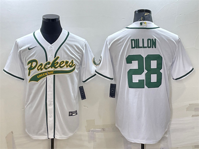 Men's Green Bay Packers #28 A.J. Dillon White With Patch Cool Base Stitched Baseball Jersey Men's Green Bay Packers #28 A.J. Dillon White With Patch Cool Base Stitched Baseball Jersey