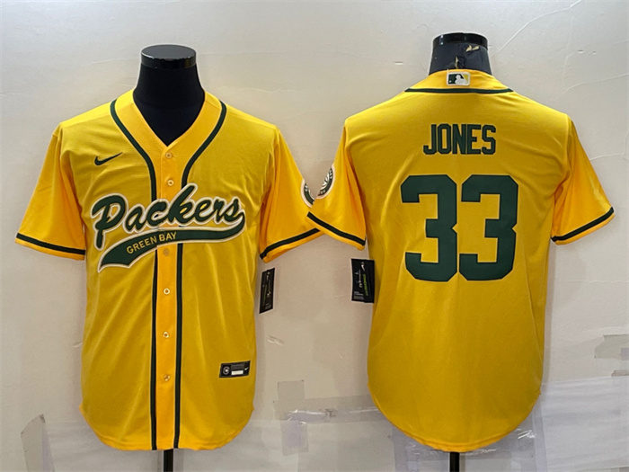 Men's Green Bay Packers #33 Aaron Jones Gold With Patch Cool Base Stitched Baseball Jersey Men's Green Bay Packers #33 Aaron Jones Gold With Patch Cool Base Stitched Baseball Jersey