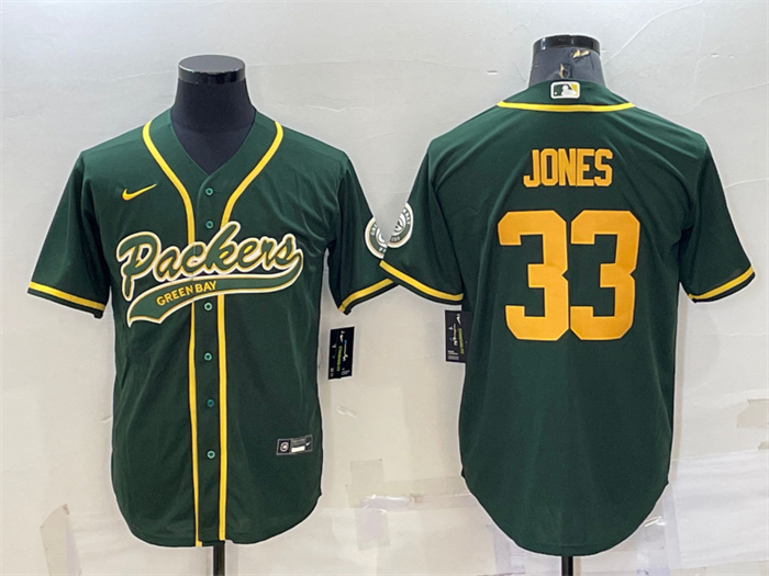 Men's Green Bay Packers #33 Aaron Jones Green Gold With Patch Cool Base Stitched Baseball Jersey Men's Green Bay Packers #33 Aaron Jones Green Gold With Patch Cool Base Stitched Baseball Jersey