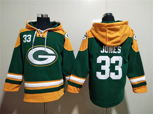 Men's Green Bay Packers #33 Aaron Jones Green Lace-Up Pullover Hoodie Men's Green Bay Packers #33 Aaron Jones Green Lace-Up Pullover Hoodie