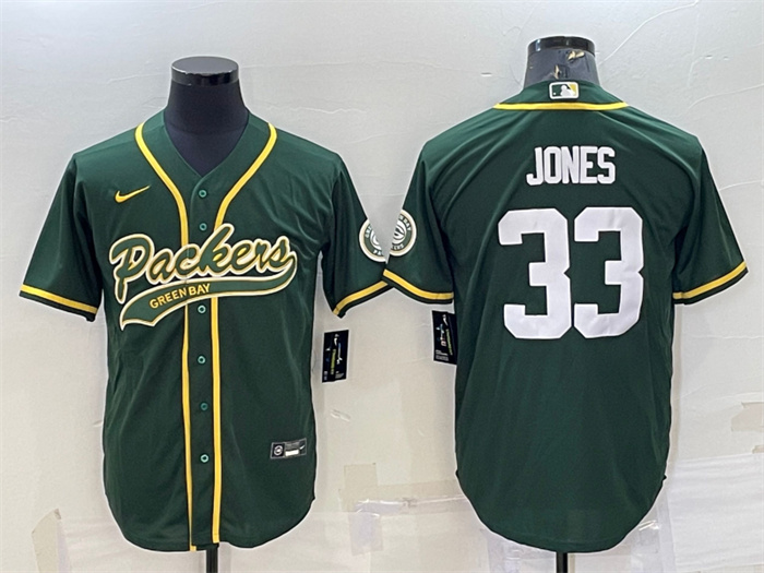Men's Green Bay Packers #33 Aaron Jones Green With Patch Cool Base Stitched Baseball Jersey Men's Green Bay Packers #33 Aaron Jones Green With Patch Cool Base Stitched Baseball Jersey