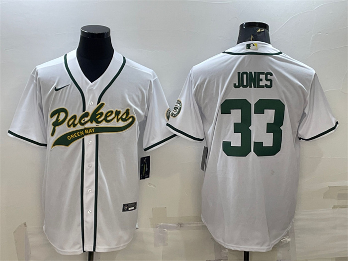 Men's Green Bay Packers #33 Aaron Jones White With Patch Cool Base Stitched Baseball Jersey Men's Green Bay Packers #33 Aaron Jones White With Patch Cool Base Stitched Baseball Jersey