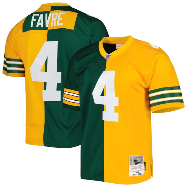 Men's Green Bay Packers #4 Brett Favre Green Gold Mitchell & Ness 1996 Split Stitched Jersey Men's Green Bay Packers #4 Brett Favre Green Gold Mitchell & Ness 1996 Split Stitched Jersey