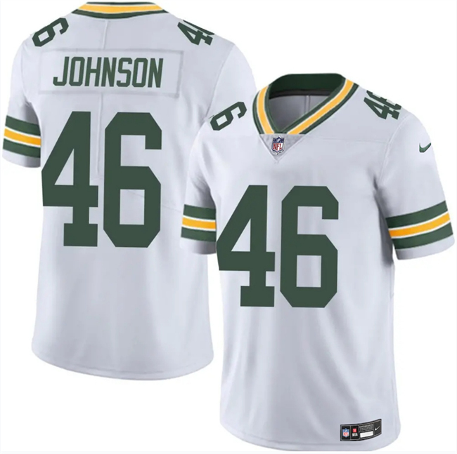 Men's Green Bay Packers #46 Amar Johnson White 2025 Vapor Untouchable Limited Stitched Football Jersey Men's Green Bay Packers #46 Amar Johnson White 2025 Vapor Untouchable Limited Stitched Football Jersey