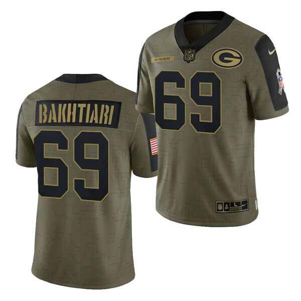 Men's Green Bay Packers #69 David Bakhtiari 2021 Olive Salute To Service Limited Stitched Jersey Men's Green Bay Packers #69 David Bakhtiari 2021 Olive Salute To Service Limited Stitched Jersey