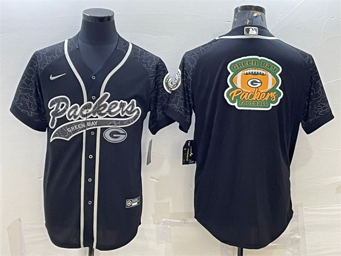 Men's Green Bay Packers Black Reflective Team Big Logo With Patch Cool Base Stitched Baseball Jersey Men's Green Bay Packers Black Reflective Team Big Logo With Patch Cool Base Stitched Baseball Jersey