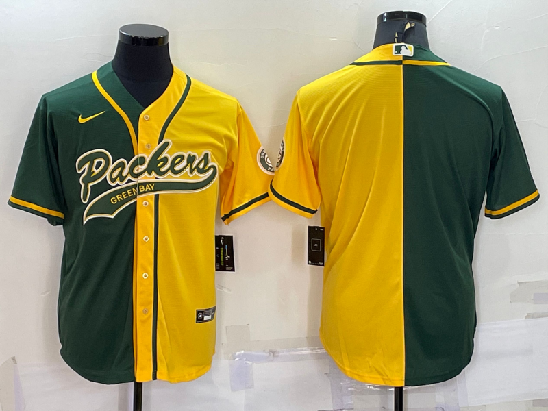 Men's Green Bay Packers Blank Green Yellow Split With Patch Cool Base Stitched Baseball Jersey Men's Green Bay Packers Blank Green Yellow Split With Patch Cool Base Stitched Baseball Jersey
