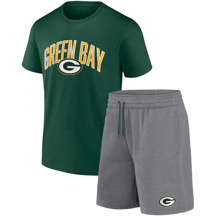 Men's Green Bay Packers Green Heather Gray Arch T-Shirt & Shorts Combo Set Men's Green Bay Packers Green Heather Gray Arch T-Shirt & Shorts Combo Set