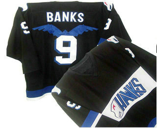 Men's Hawks #9 Adam Banks Black Stitched Throwback Hockey Jersey Men's Hawks #9 Adam Banks Black Stitched Throwback Hockey Jersey