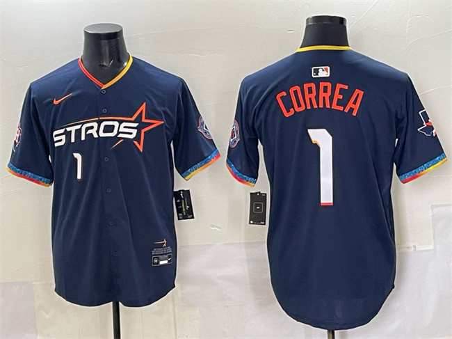 Men's Houston Astros #1 Carlos Correa Navy 2025 City Connect With Texas Patch Limited Stitched Baseball Jersey Men's Houston Astros #1 Carlos Correa Navy 2025 City Connect With Texas Patch Limited Stitched Baseball Jersey