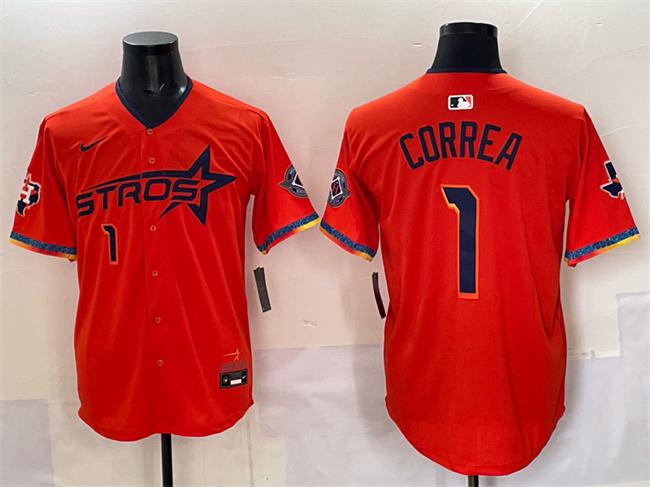 Men's Houston Astros #1 Carlos Correa Orange 2025 City Connect With Texas Patch Limited Stitched Baseball Jersey Men's Houston Astros #1 Carlos Correa Orange 2025 City Connect With Texas Patch Limited Stitched Baseball Jersey