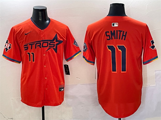 Men's Houston Astros #11 Cam Smith Orange 2025 City Connect With Texas Patch Limited Stitched Baseball Jersey Men's Houston Astros #11 Cam Smith Orange 2025 City Connect With Texas Patch Limited Stitched Baseball Jersey