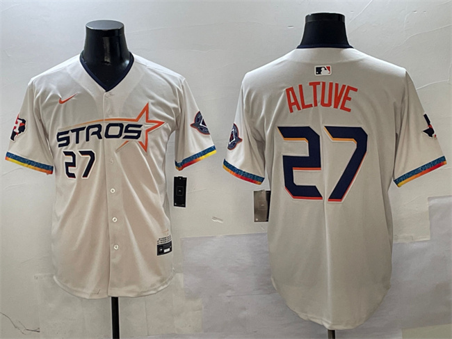 Men's Houston Astros #27 Jose Altuve Cream 2025 City Connect With Texas Patch Limited Stitched Baseball Jersey Men's Houston Astros #27 Jose Altuve Cream 2025 City Connect With Texas Patch Limited Stitched Baseball Jersey