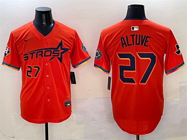 Men's Houston Astros #27 Jose Altuve Orange 2025 City Connect With Texas Patch Limited Stitched Baseball Jersey Men's Houston Astros #27 Jose Altuve Orange 2025 City Connect With Texas Patch Limited Stitched Baseball Jersey