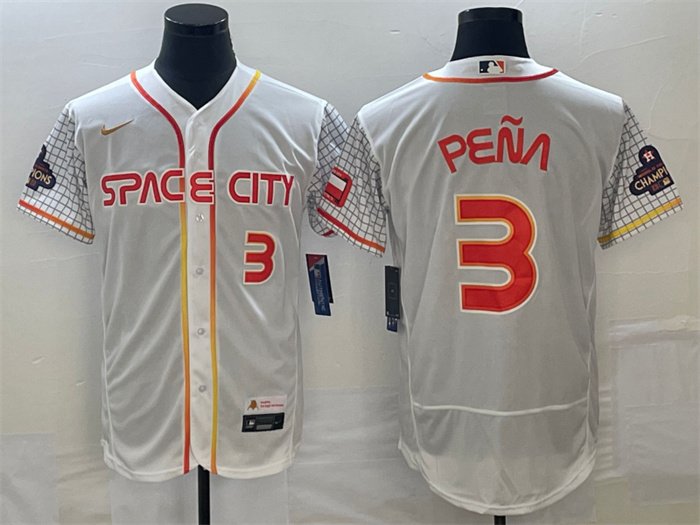 Men's Houston Astros #3 Jeremy Pe?a White With 2022 World Serise Champions Patch Stitched Baseball Jersey