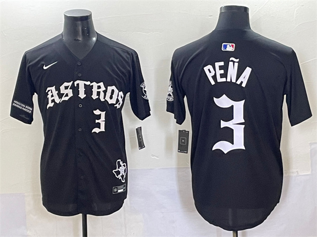 Men's Houston Astros #3 Jeremy Pena Black Gothic 'Houston Born Barrio Raised' Limited Stitched Baseball Jersey Men's Houston Astros #3 Jeremy Pena Black Gothic 'Houston Born Barrio Raised' Limited Stitched Baseball Jersey