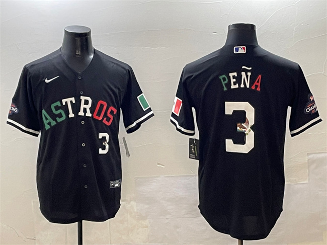 Men's Houston Astros #3 Jeremy Pena Black Mexico With World Serise Champions Patch Cool Base Stitched Baseball Jersey Men's Houston Astros #3 Jeremy Pena Black Mexico With World Serise Champions Patch Cool Base Stitched Baseball Jersey