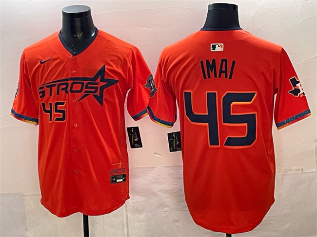 Men's Houston Astros #45 Tatsuya Imai Orange 2025 City Connect With Texas Patch Limited Stitched Baseball Jersey Men's Houston Astros #45 Tatsuya Imai Orange 2025 City Connect With Texas Patch Limited Stitched Baseball Jersey