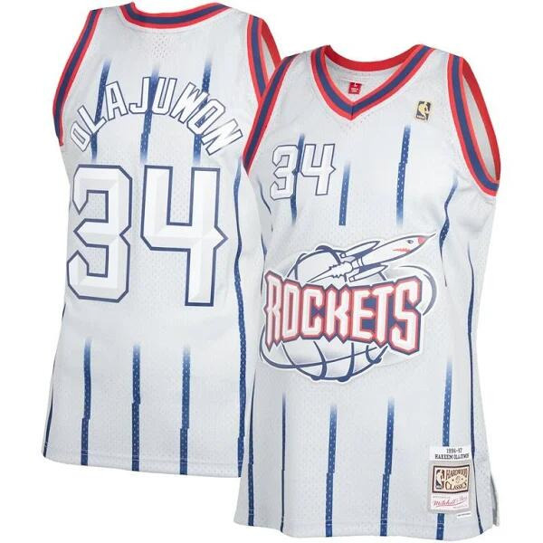 Men's Houston Rockets #34 Hakeem Olajuwon Mitchell & Ness White Classic Stitched Basketball Jersey Men's Houston Rockets #34 Hakeem Olajuwon Mitchell & Ness White Classic Stitched Basketball Jersey