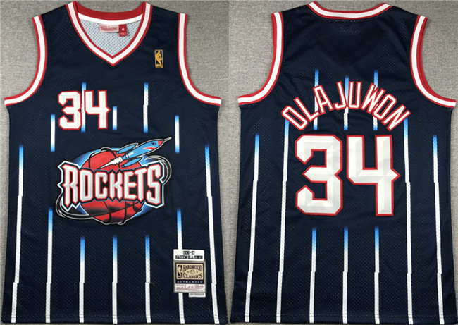 Men's Houston Rockets #34 Hakeem Olajuwon Navy 1996-97 Mitchell & Ness Hardwood Classics Swingman Stitched Basketball Jersey Men's Houston Rockets #34 Hakeem Olajuwon Navy 1996-97 Mitchell & Ness Hardwood Classics Swingman Stitched Basketball Jersey