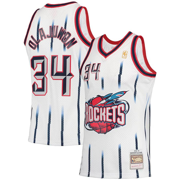 Men's Houston Rockets #34 Hakeem Olajuwon White 1996-97 Mitchell & Ness Hardwood Classics Swingman Stitched Basketball Jersey Men's Houston Rockets #34 Hakeem Olajuwon White 1996-97 Mitchell & Ness Hardwood Classics Swingman Stitched Basketball Jersey