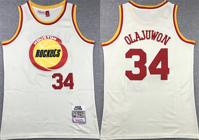Men's Houston Rockets #34 Hakeem Olajuwon White Mitchell & Ness Hardwood Classics Swingman Stitched Basketball Jersey Men's Houston Rockets #34 Hakeem Olajuwon White Mitchell & Ness Hardwood Classics Swingman Stitched Basketball Jersey
