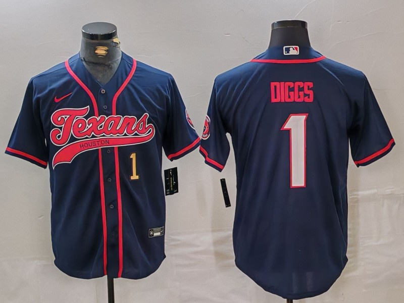 Men's Houston Texans #1 Stefon Diggs Navy With Patch Cool Base Stitched Baseball Jersey 1