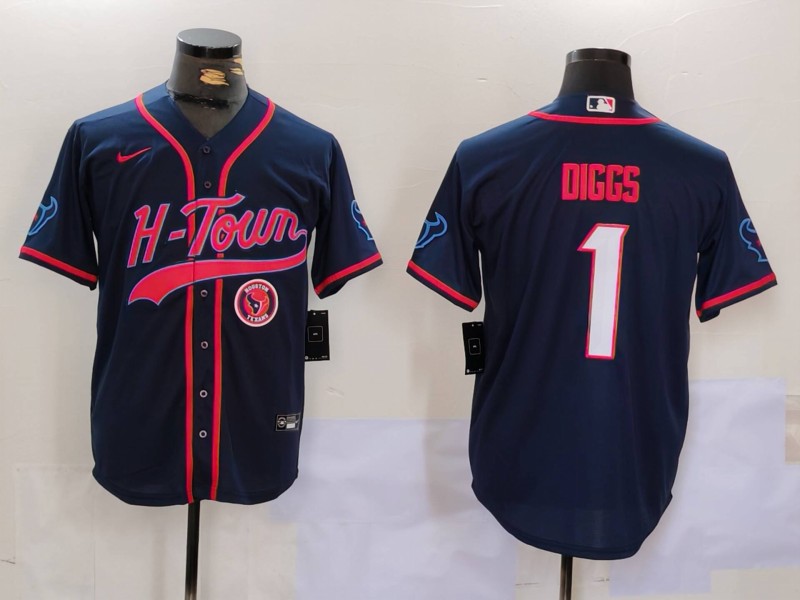 Men's Houston Texans #1 Stefon Diggs Navy With Patch Cool Base Stitched Baseball Jersey 11