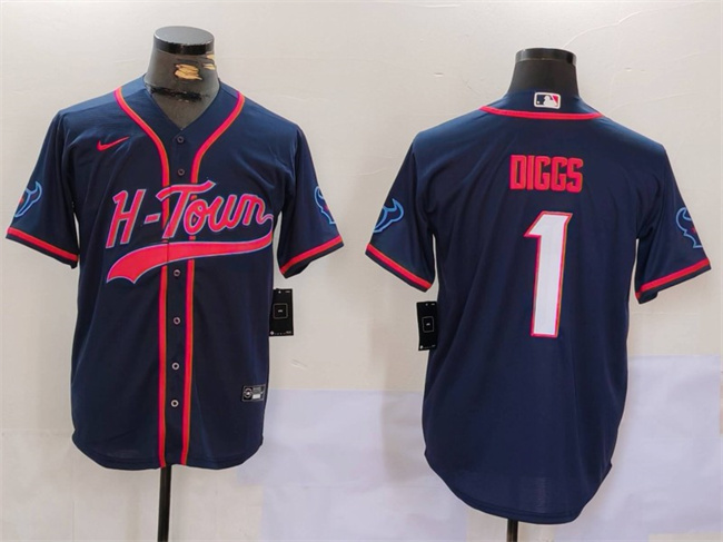 Men's Houston Texans #1 Stefon Diggs Navy With Patch Cool Base Stitched Baseball Jersey1 Men's Houston Texans #1 Stefon Diggs Navy With Patch Cool Base Stitched Baseball Jersey1