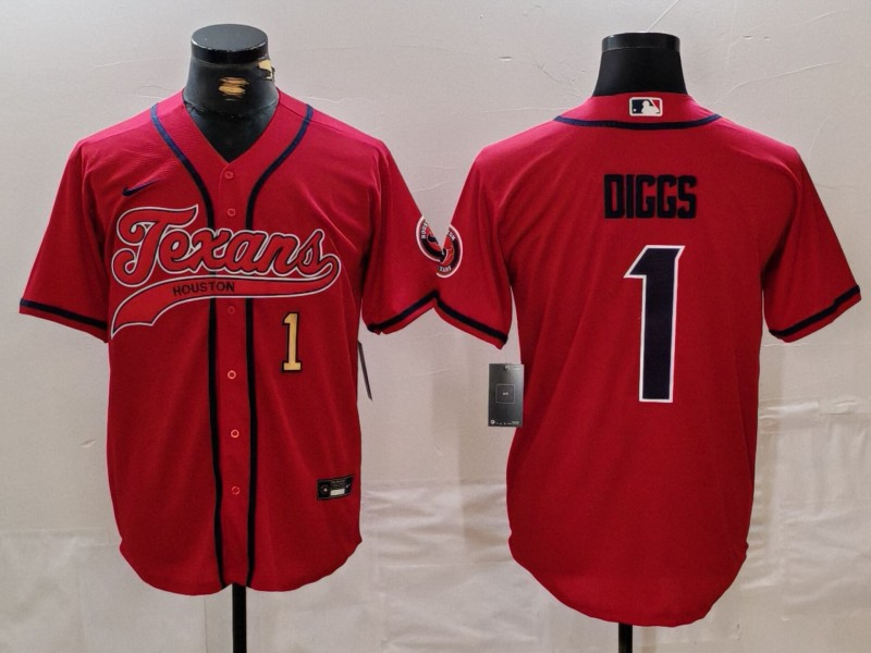 Men's Houston Texans #1 Stefon Diggs Red With Patch Cool Base Stitched Baseball Jersey 1 Men's Houston Texans #1 Stefon Diggs Red With Patch Cool Base Stitched Baseball Jersey 1