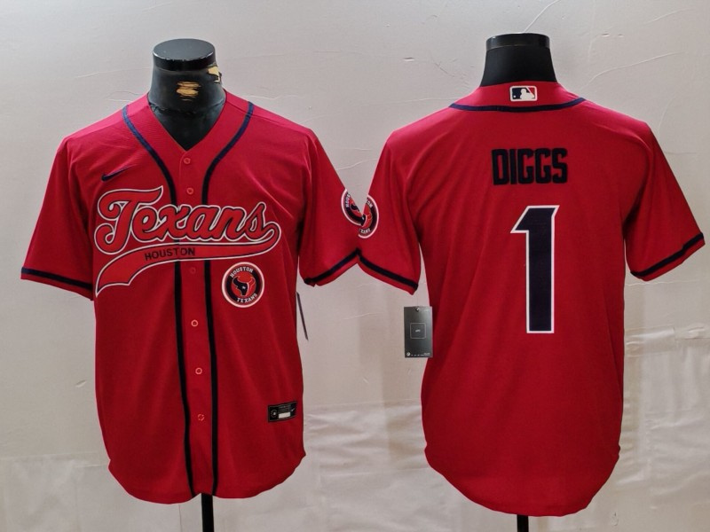 Men's Houston Texans #1 Stefon Diggs Red With Patch Cool Base Stitched Baseball Jersey 3 Men's Houston Texans #1 Stefon Diggs Red With Patch Cool Base Stitched Baseball Jersey 3