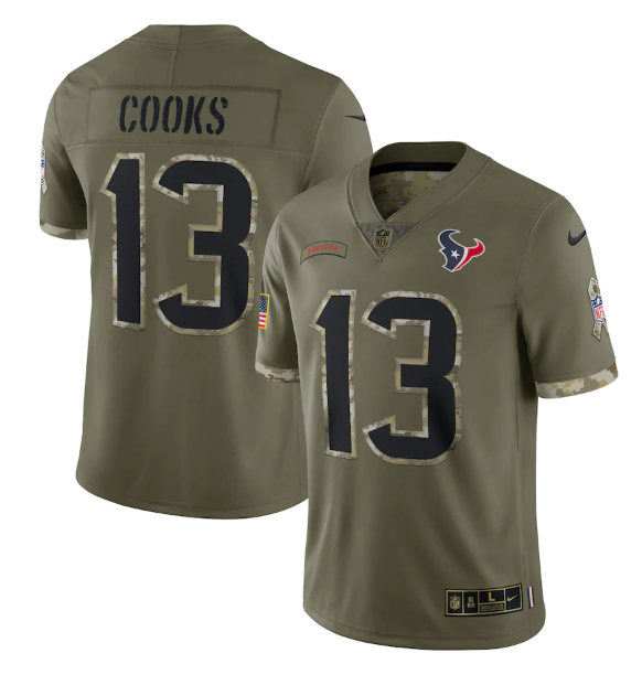 Men's Houston Texans #13 Brandin Cooks Olive 2022 Salute To Service Limited Stitched Jersey