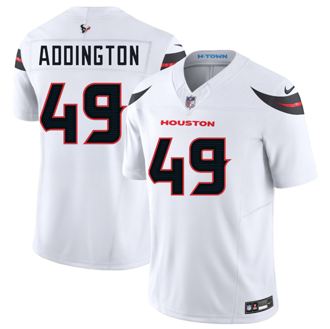 Men's Houston Texans #49 Tucker Addington White 2024 Vapor F.U.S.E. Limited Stitched Jersey Men's Houston Texans #49 Tucker Addington White 2024 Vapor F.U.S.E. Limited Stitched Jersey