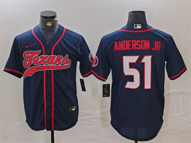 Men's Houston Texans #51 Will Anderson Jr. Navy With Patch Cool Base Stitched Baseball Jersey Men's Houston Texans #51 Will Anderson Jr. Navy With Patch Cool Base Stitched Baseball Jersey