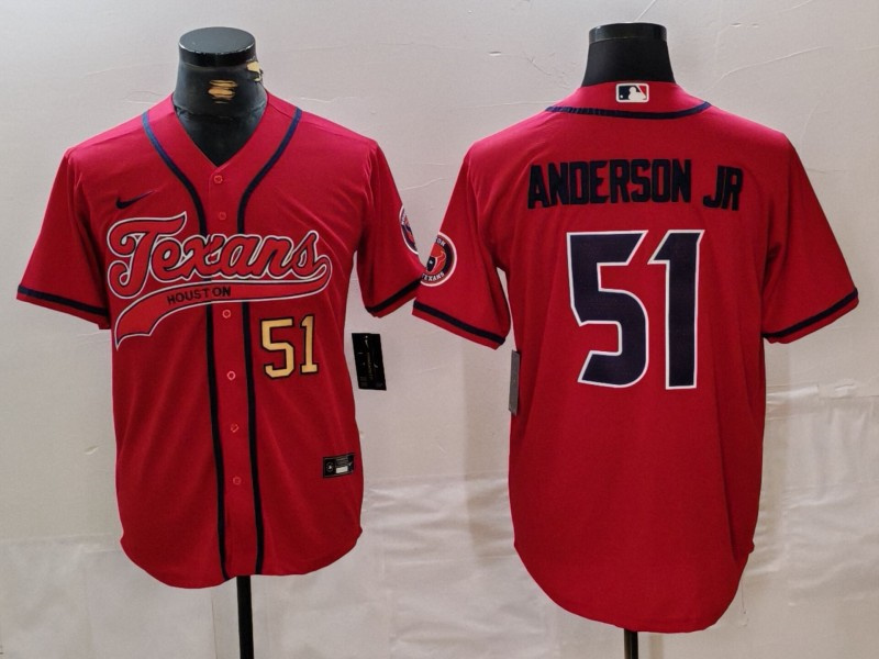 Men's Houston Texans #51 Will Anderson Jr. Red With Patch Cool Base Stitched Baseball Jersey 2