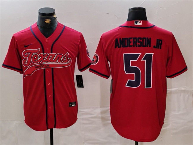 Men's Houston Texans #51 Will Anderson Jr. Red With Patch Cool Base Stitched Baseball Jersey Men's Houston Texans #51 Will Anderson Jr. Red With Patch Cool Base Stitched Baseball Jersey