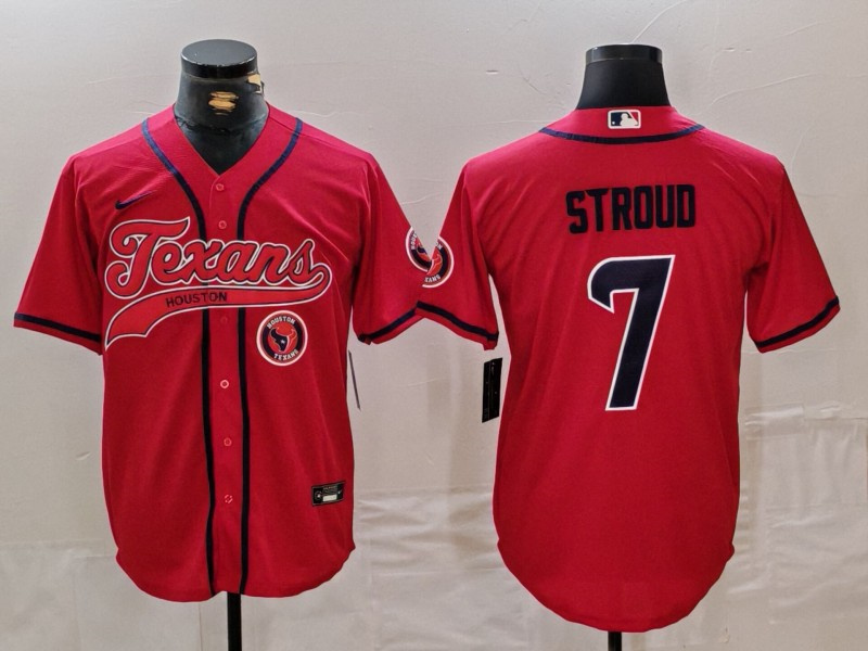 Men's Houston Texans #7 C.J. Stroud Red With Patch Cool Base Stitched Baseball Jersey 2 Men's Houston Texans #7 C.J. Stroud Red With Patch Cool Base Stitched Baseball Jersey 2