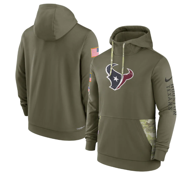 Men's Houston Texans 2022 Olive Salute To Service Therma Performance Pullover Hoodie