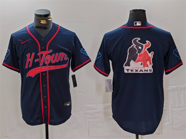 Men's Houston Texans Team Big Logo Navy With Patch Cool Base Stitched Baseball Jersey