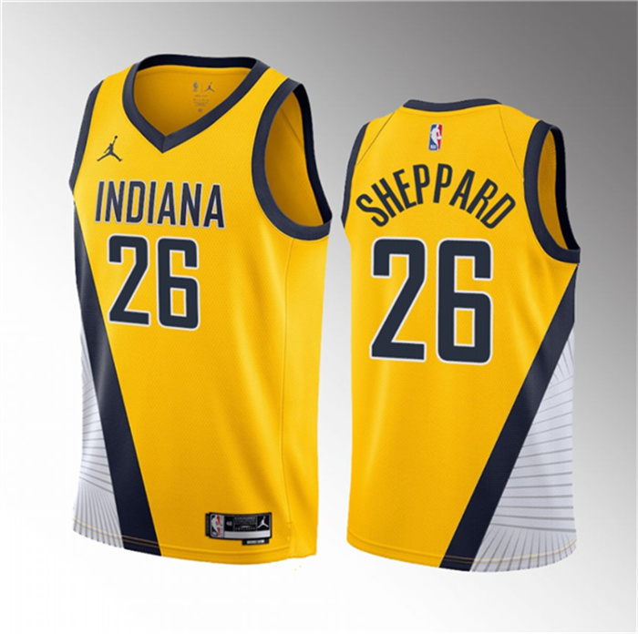 Men's Indiana Pacers #26 Ben Sheppard Yellow 2023 Draft Statement Edition Stitched Basketball JerseyS Men's Indiana Pacers #26 Ben Sheppard Yellow 2023 Draft Statement Edition Stitched Basketball JerseyS
